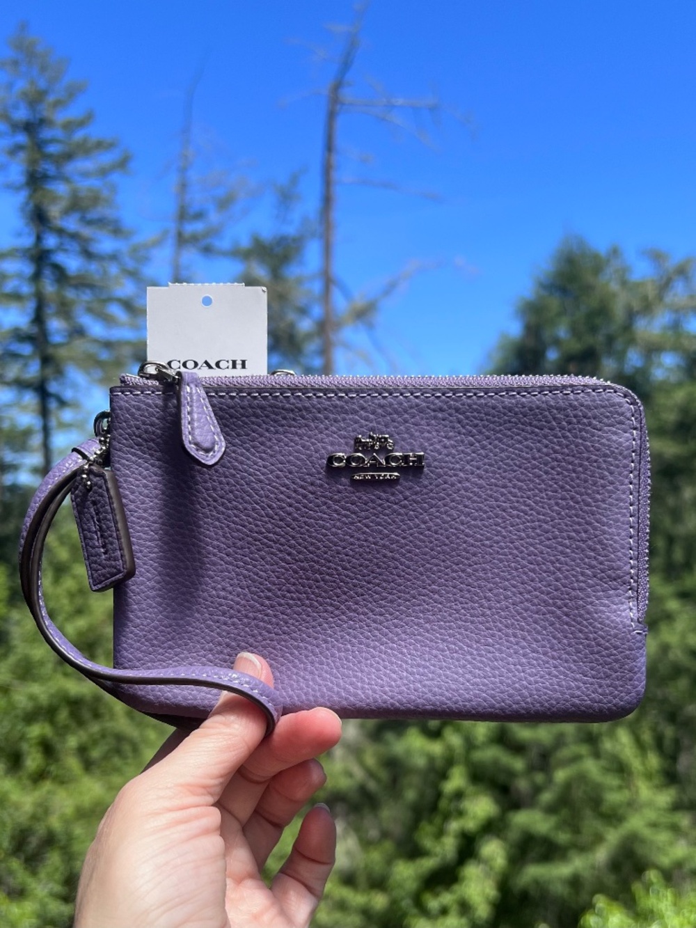 COACH Purple Pebbled Leather Wristlet Wallet Double Zip Silver Hardware AUTHENTC